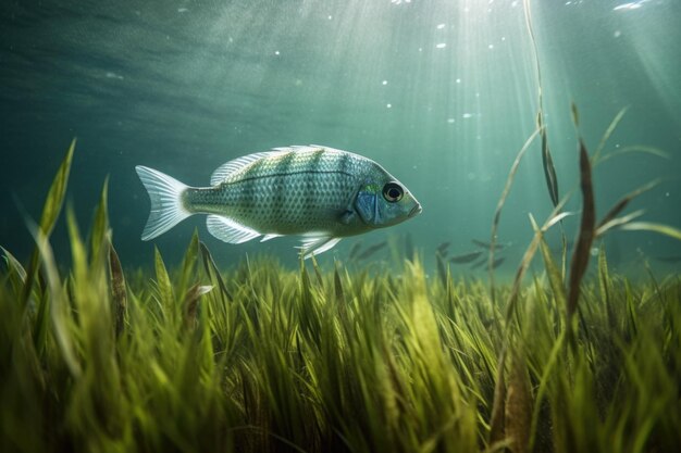 Tropische vissen zwemmen tussen wuivend zeegras in een mariene omgeving gecreëerd met generatieve AI