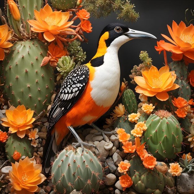 Tropische vogel en bloemrijke cactus op een canvas van de natuur