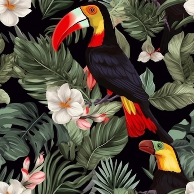 Tropische vogels en bloemen op een zwarte generatieve ai als achtergrond