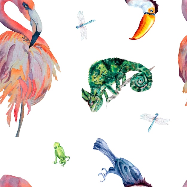 Tropische vogels en dieren aquarel naadloos patroon op witte achtergrond