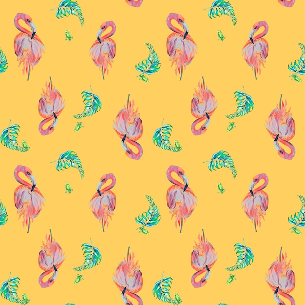 Tropische vogels flamingo en palmbladeren aquarel naadloos patroon op gele achtergrond