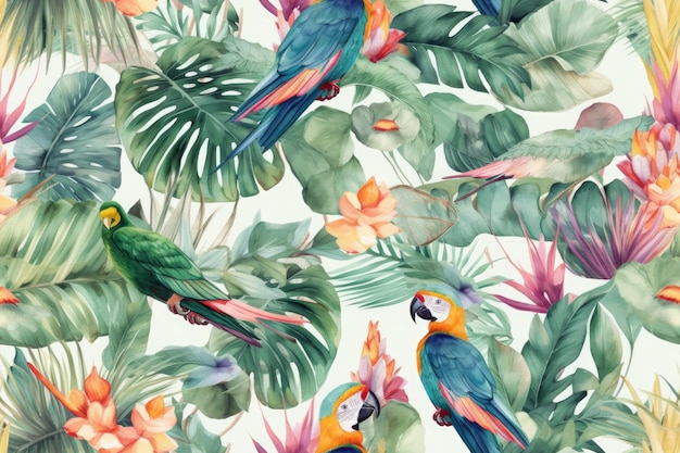 Tropische vogels in een jungle perfect naadloos aquarel herhalend patroon Generatieve ai