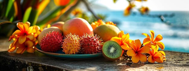 Foto tropische vruchten op mango kiwi papaya oceaan achtergrond