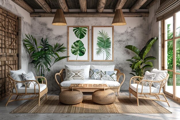 Tropische woonkamer met rattan meubels
