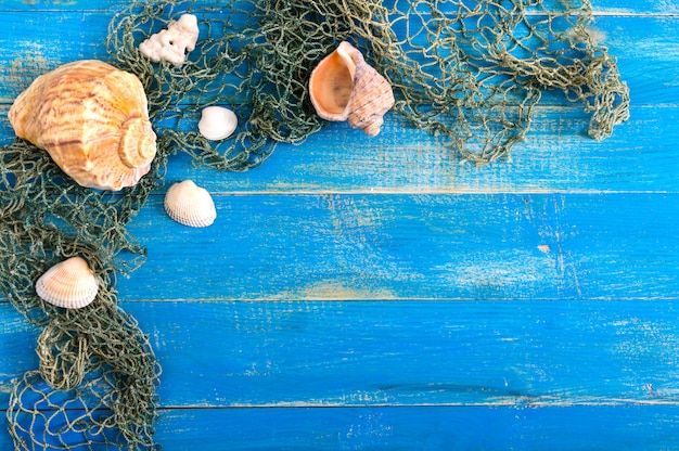 Tropische zee achtergrond. Verschillende schelpen, oude visnet op de blauwe planken, bovenaanzicht. Vrije ruimte voor inschrijvingen. Zomer thema.