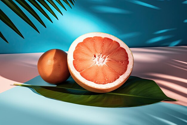 Tropische zomer verse grapefruit en kokosnoot op palmbladeren tegen een blauwe achtergrond generatieve IA