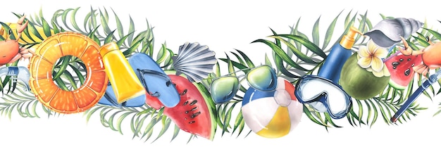 Foto tropische zomervakantie strand met palmbladeren duikmasker fruit opblaasbaar speelgoed aquarel illustratie hand getrokken naadloze rand op een witte achtergrond