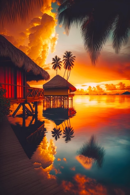 Tropische zonsondergang met palmbomen en hut aan de waterkant Generatieve AI