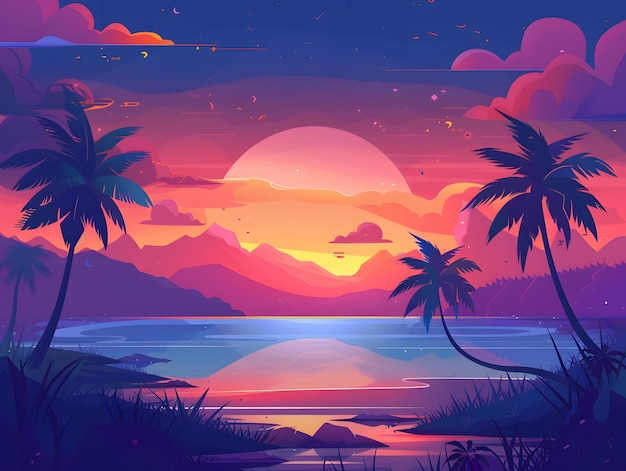 Tropische zonsondergang met palmbomen en zee Vector illustratie