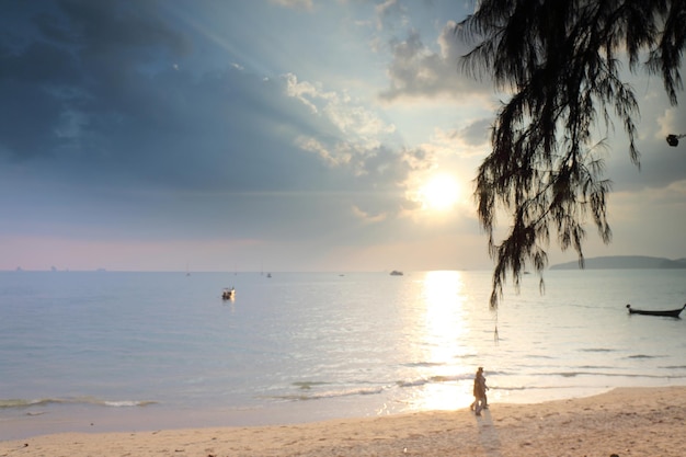 Tropische zonsondergang op het strand. Krabi. Thailand