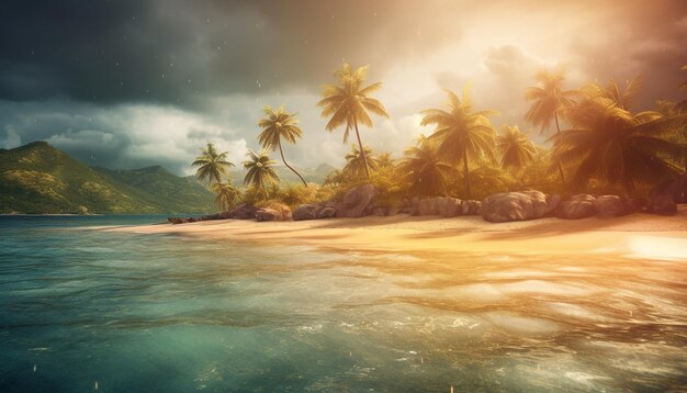 Tropische zonsondergang palmbomen en rustige wateren gegenereerd door AI
