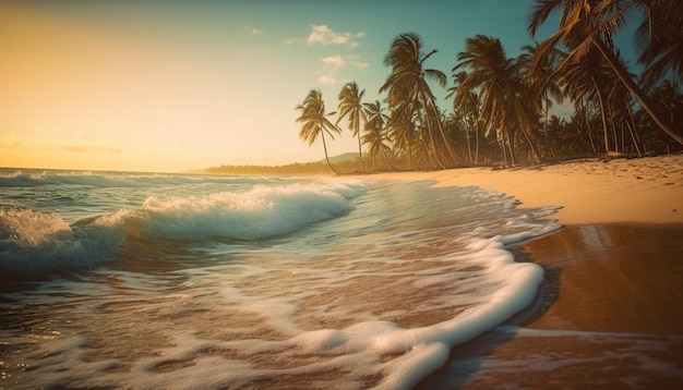 Tropische zonsondergang palmbomen golven en zand gegenereerd door AI