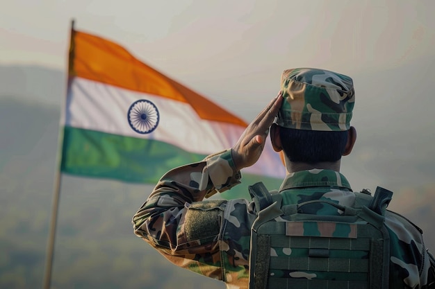 Trots Indiase soldaat die de vlag groet patriottisme nationalisme eer
