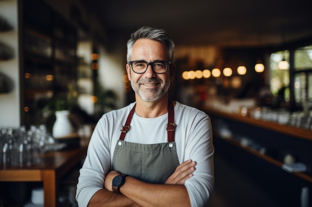 Trotse koffieshopeigenaar staat voor een gezellig koffiehuis Zelfverzekerde ondernemer