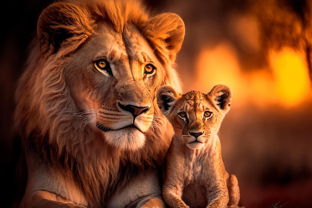 Trotse leeuw en zijn welp zijn gelukkig samen in een realistische digitale illustratie van het Afrikaanse landschap