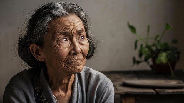 Troubled thoughtful elder woman with grey hair looking upper left corner pondering
