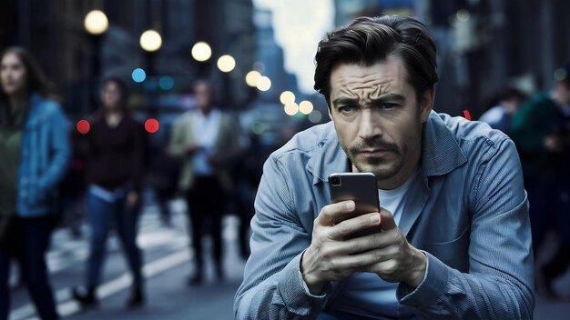 Troubled thoughtful man thinking while holding smartphone