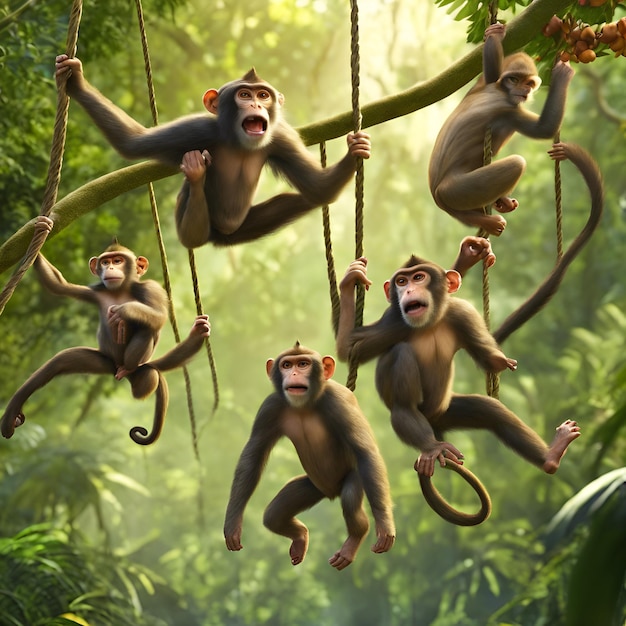 Foto una troupe di scimmie oscilla attraverso il baldacchino le loro buffonate acrobatiche un testamento della giungla p