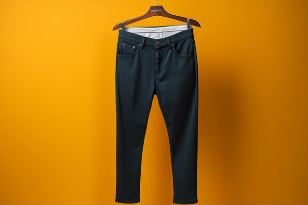 Trousers elegantly displayed on a hanger against a sunny yellow background