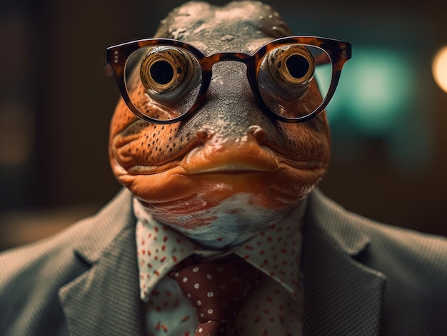 Photo trout dressed in a business suit and wearing glasses close up portrait