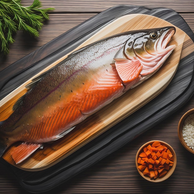 Trout salmon fillet on wooden background