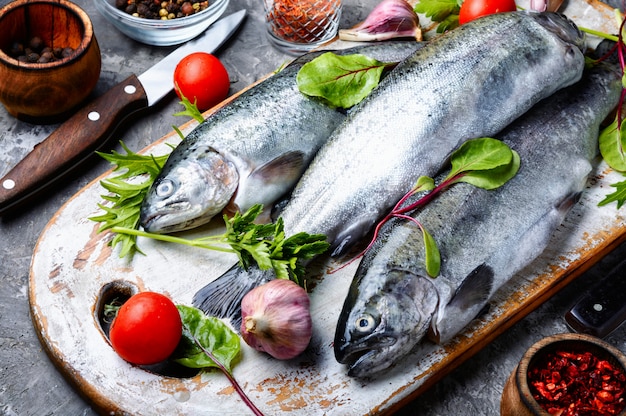 Trout with spices on gray background