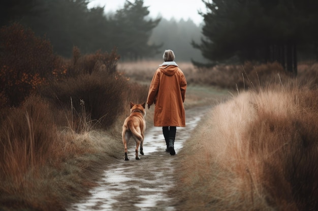 Foto trouwe metgezellen hartverwarmend beeld van een persoon die zijn geliefde hond uitlaat