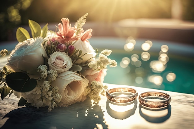 Foto trouwringen naast een zwembad met een boeket bloemen