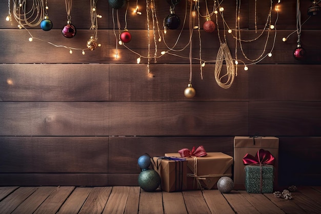 Trs with hanging ornaments gifts and lights on a wooden background