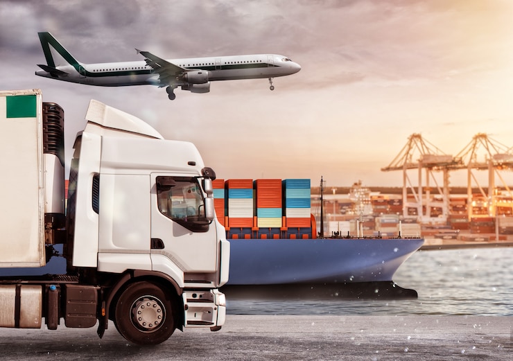 Photo truck, aircraft and cargo ship in a deposit with packages ready to start to deliver