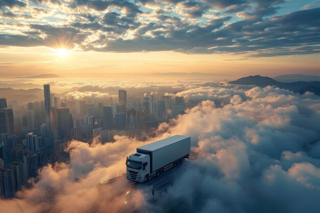 Photo a truck arriving in mountain rural landscape in the rays of the sunset logistic concept