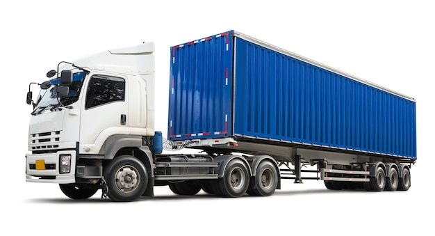 Truck and blue container on white