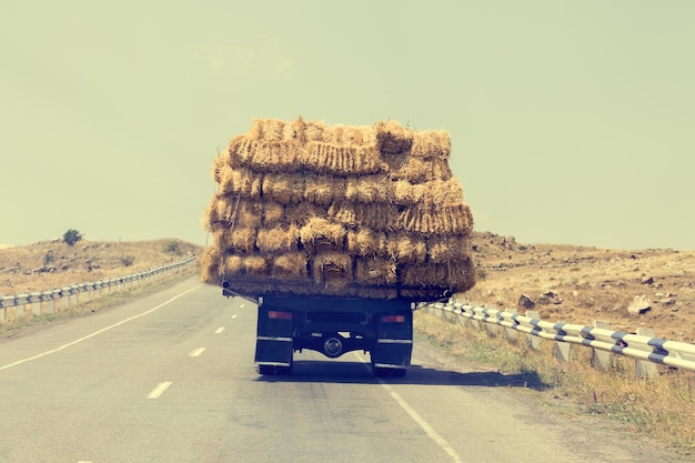 トラックは、トーンのアスファルトの道路に干し草のブリケットを運ぶ