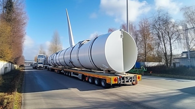 Photo a truck carrying a large pipe down a road