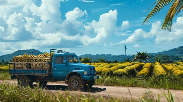 Truck carrying load of wood boxes of fruits on day time on brazilian road with farm field