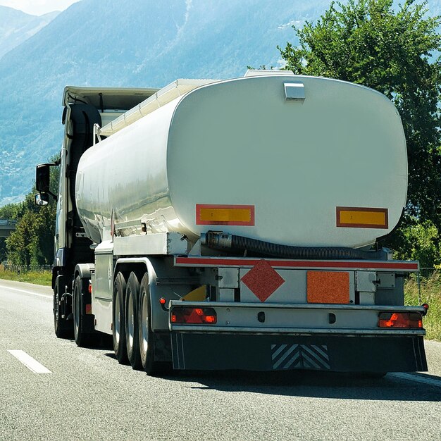 Truck cistern on the road in Valais canton in Switzerland.