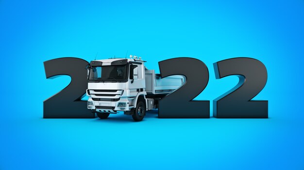 Foto concetto di camion rendering 3d del segno del nuovo anno 2022