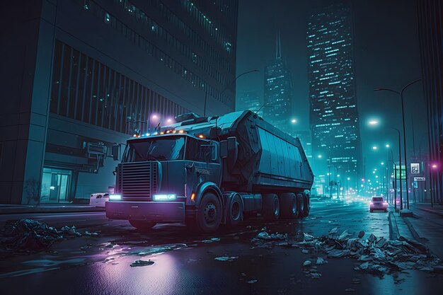 Грузовик в темном городе ночью со словом "мусор" на кузове.