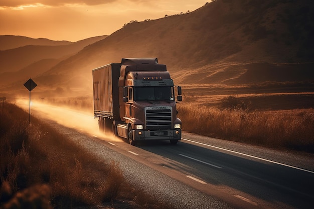 夕方の高速道路で貨物を配達するトラック 生成 AI