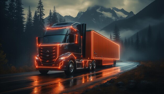 Грузовик, доставляющий грузовые перевозки, перевозит грузовые контейнеры, тяжелый автомобиль, созданный искусственным интеллектом