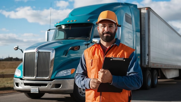 Truck driver are holding a clipboard with semi truck