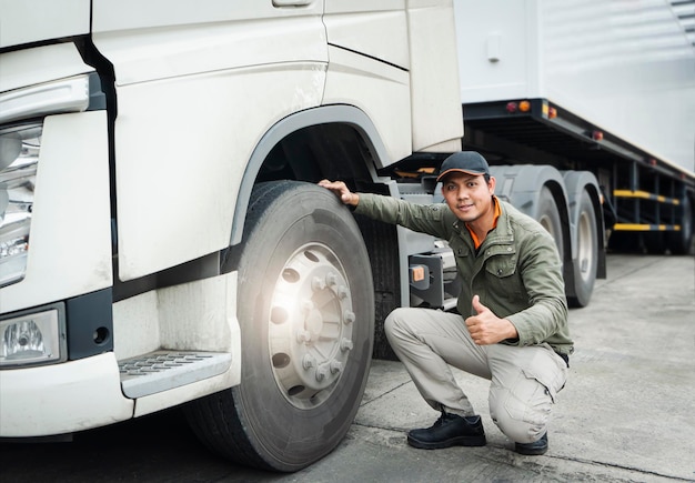 トラック運転手がThumbUpを与え、セミトラックのホイールをチェックするタイヤトラックの検査メンテナンス