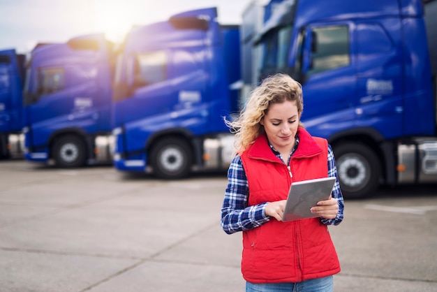 Truck driver holding tablet and checking route for new destination.