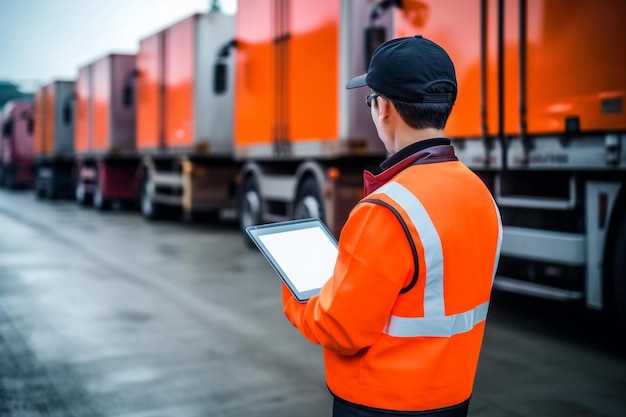 Truck driver holding tablet and checking route for new destination