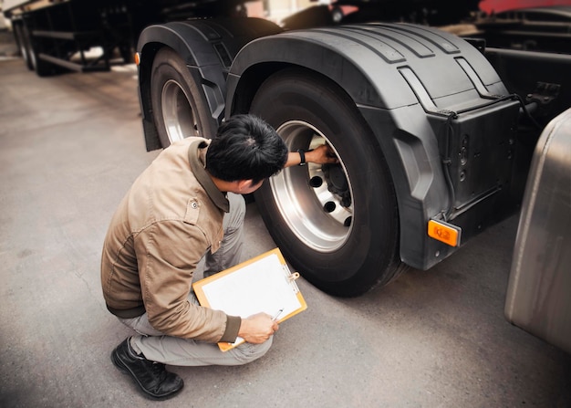 トラックの運転手は、ホイールとタイヤの検査トラックのメンテナンスのトラックの安全性をチェックしています