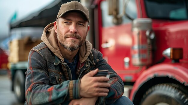 Photo the truck driver is reclining and leaning over the red truck sipping coffee and seems lethargic while he awaits for warehouse workers and space generative ai