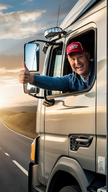 Truck driver showing thumbs up through cabin window