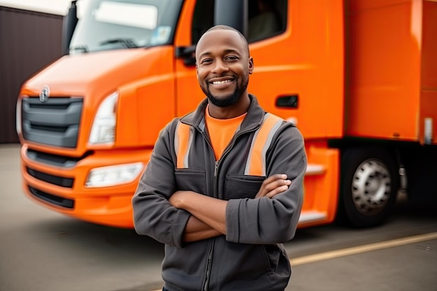 Truck Driver Smile Confidence Young Man Professional Driver in Front of a Large Truck Trucker Highway Cargo Industry Generative AI Illustration