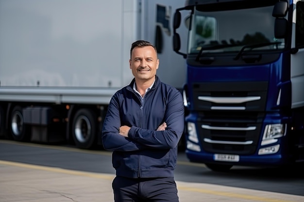 Truck Driver Smile Confidence Young Man Professional Driver in Front of a Large Truck Trucker Highway Cargo Industry Generative AI Illustration