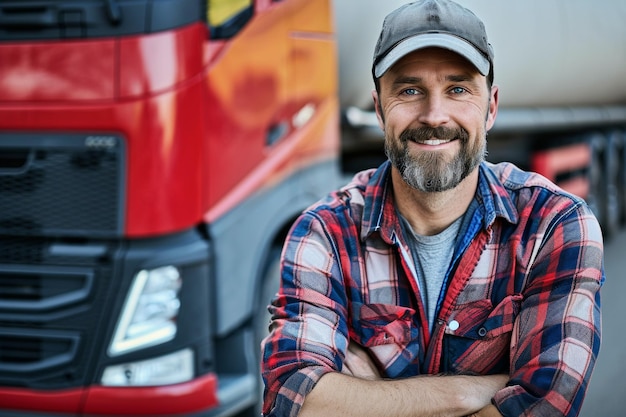 Водитель грузовика улыбается перед своим грузовиком